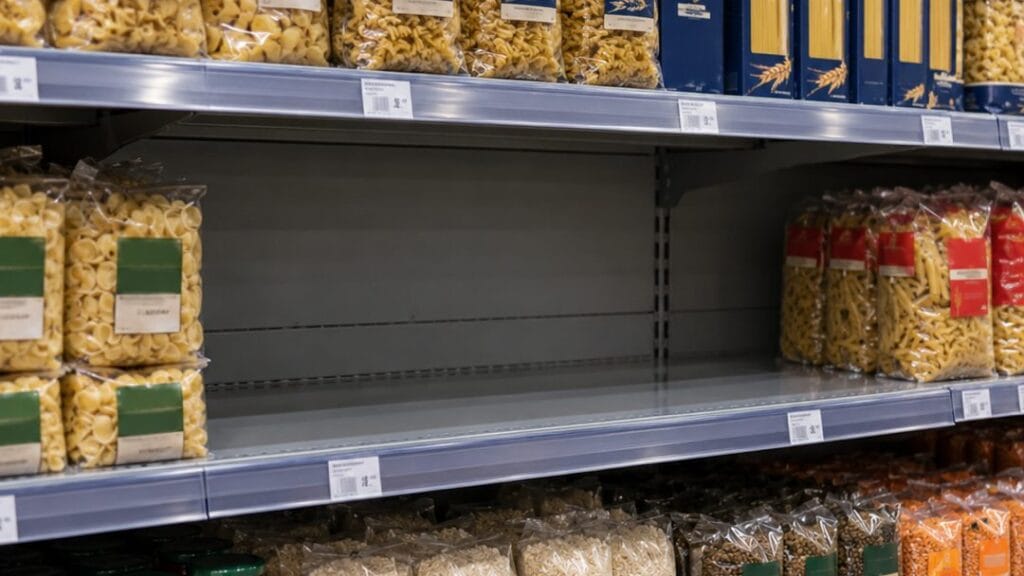 Rayon de supermarché avec un emplacement vide entre des paquets de pâtes bien rangés
