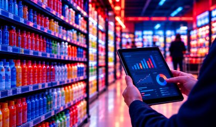 Professionnel consultant des graphiques sur une tablette dans un rayon de magasin